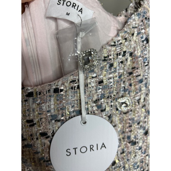 STORIA Tweed rhinestone‎ Fringe Dress- medium-Square Neck Long Sleeve Mini NWT - Picture 4 of 7